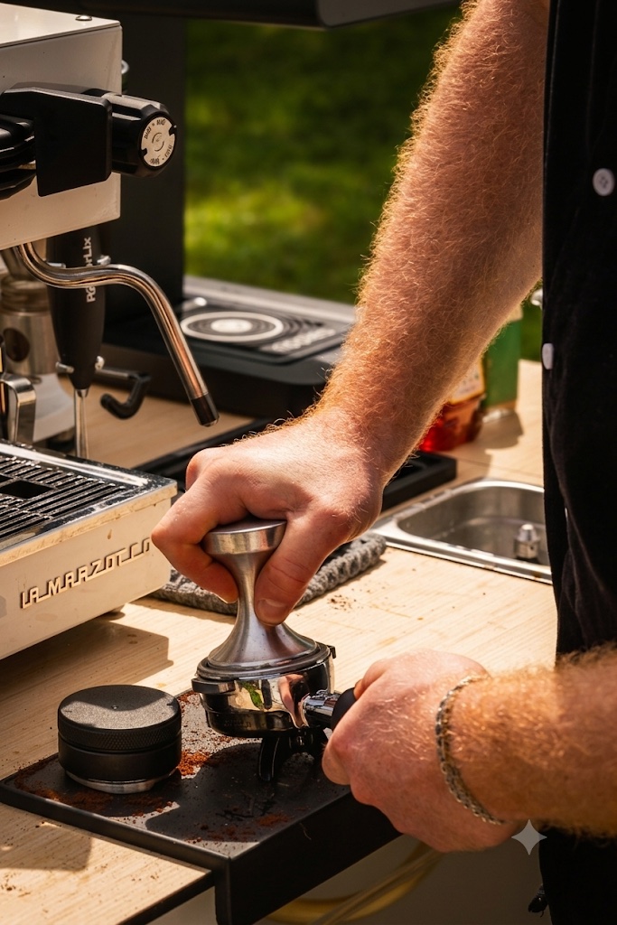 Barista tamping freshly ground espresso before brewing