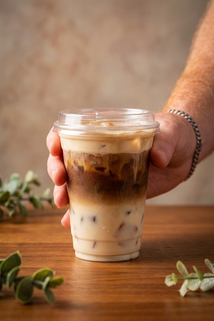 Layered iced espresso drink being served