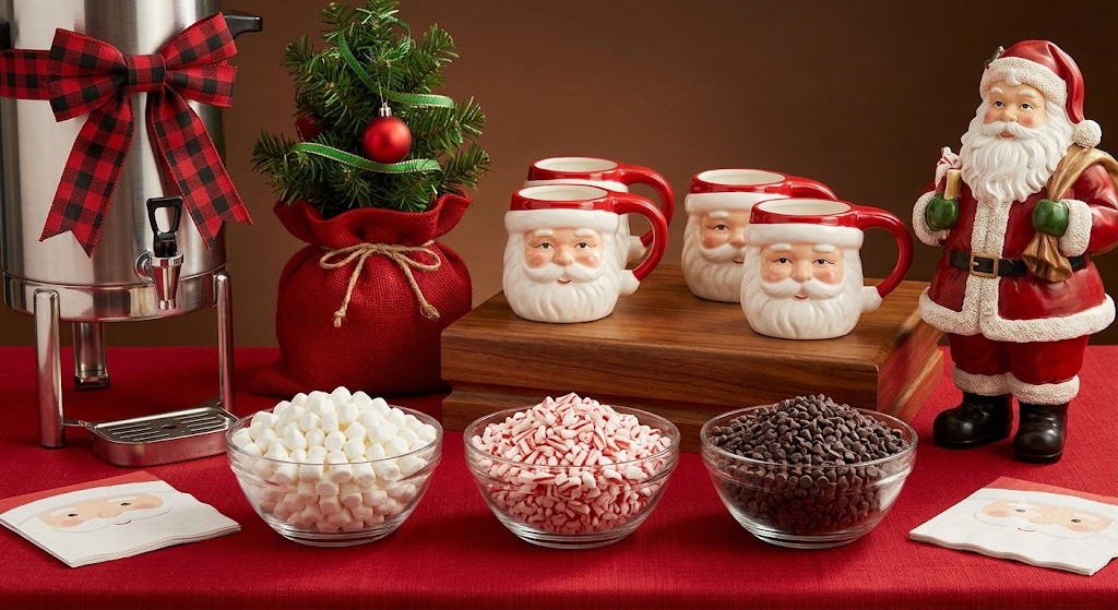Holiday hot cocoa display with marshmallows, peppermint, chocolate chips, and Santa mugs