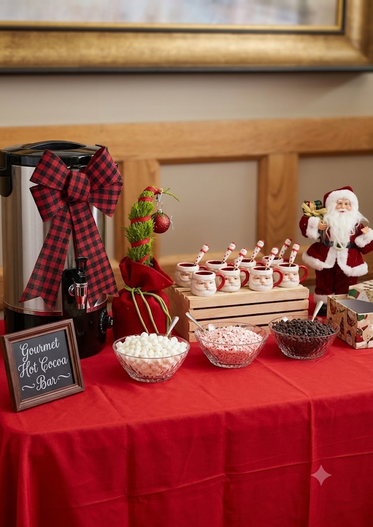 Gourmet hot cocoa bar with holiday decorations and toppings