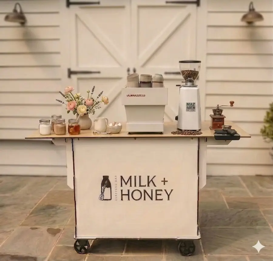 Milk and Honey Espresso Bar mobile coffee cart set up at a Northern Virginia wedding